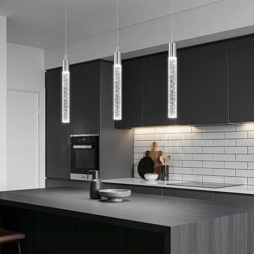 Image of Modern Kitchen Island Pendant Light Dimmable LED Chrome Finish Mini Crystal Pendant Lighting Bedroom Bedside Table Small Pendant Lights(3-Pack)