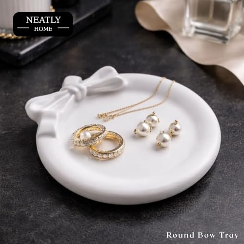Image of Aesthetic Handmade Round Bow Trinket Tray Handmade | Jewelry Organizer | Vanity Tray for Women | Minimalist Home Decor, Candle Holder & Multipurpose - 10 x 10 cm