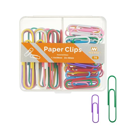 NEEWAY Colorful Paper Clips Assorted Sizes Small and Large Paper Clips 70 Count (Multicolor)