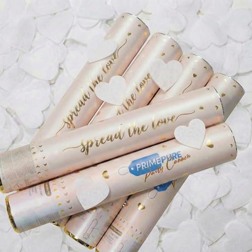 PrimePure Canons à Confettis – Biodégradables Poppers à Confettis avec Cœurs Blancs – Lot de 6 – Idéal pour Mariages, Fêtes, Anniversaires et Événements...