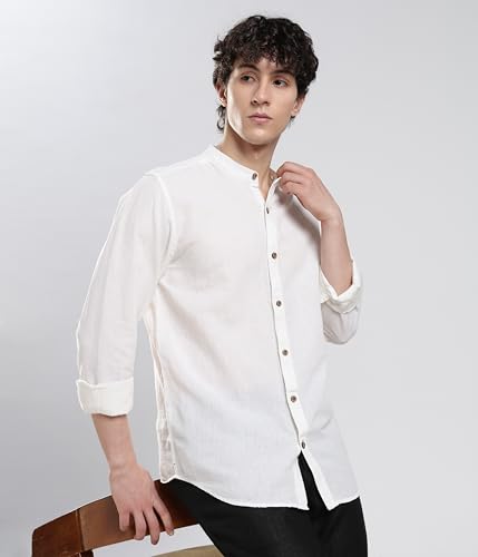 Image of TURMS Men's Casual Solid Linen Shirt | Water Repellent | Anti Stain Anti Odor | Kansas Linen | Mandarin Collar | Full Sleeves