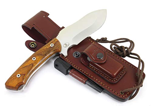 JEO-TEC Nº35 Bushcraft Survival Hunting Camping Knife, MOVA-58, Genuine Leather Multi-Position Sheath + Firesteel + Sharpener Stone, Handmade