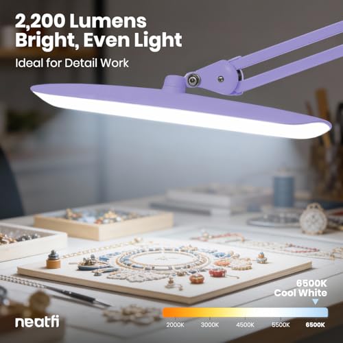 Image of Neatfi XL 2200 Lumens 24W LED Desk Lamp - Shadow-Free Task Lighting | 4-Level Dimming | Home Office & Crafts Use | 20-Inch Wide Head (Lavender, Non-CCT with Clamp)