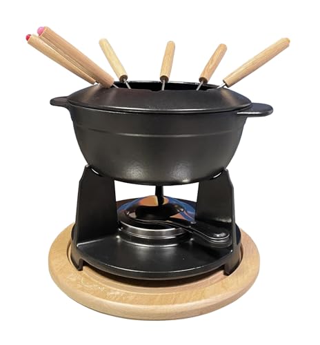 BAUMALU - Service à Fondue - Caquelon en Fonte - Couvercle Anti-Éclaboussures - Réchaud - Brûleur à Pâte - 6 Fourchettes - Plateau en Bois - Fondue Bourguignonne, Savoyarde ou Chocolat - Noir Mat/Bois
