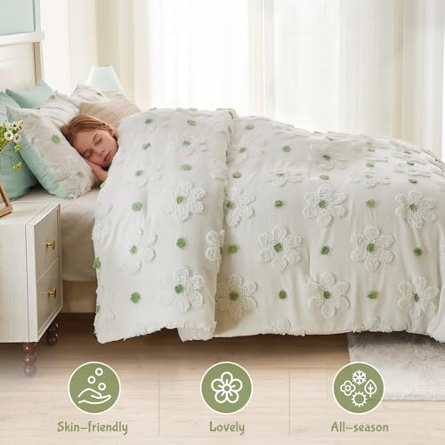 Image of Full Size Comforter Set for Girls Boho Sage Green Flowers Bedding Set
