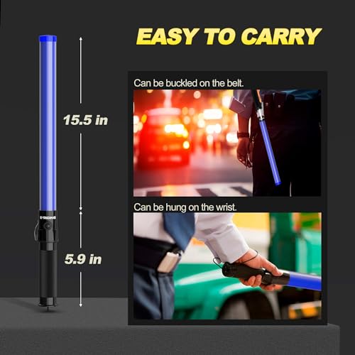 Image of E-riding 10 Pack Traffic Wand, 21 Inch Traffic Control Wand with 3 Flashing Modes & Side Clip, LED Safety Baton for Traffic Control, Parking, Aircraft, Car Directing (Blue)