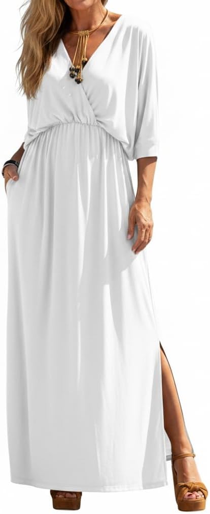 Women's Casual Crisscross Wrap V Neck Tunic Slit Dresses Half Sleeve Elastic Waist Plus Size Maxi Dress with 2 Pockets