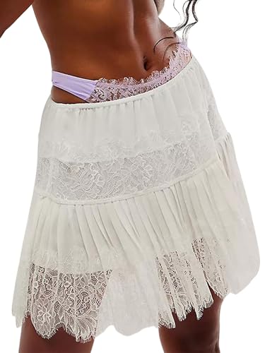 Women Lace Tiered Mini Skirt Elastic Pleated Floral Edge Lace Trim Half Slip Low Rise Frill Short Skirts Underskirt