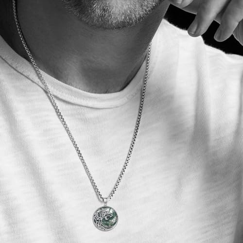 Wolf Moss Agate Necklace for Men S925 Sterling Silver Round Wolf Moss Agate Necklace for Men Handmade Silver Pendant Fine Jewelry Gifts for Father’s Day Men Him2
