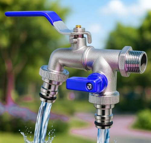 Image of PANCA 1 /2 Inch Dual Outlet Garden Faucet Splitter | Heavy Duty Double Valve Water Tap with Individual Flow Control | Zinc Alloy Bib Cock Connector for Garden, Kitchen & Bathroom (Red) (Blue)