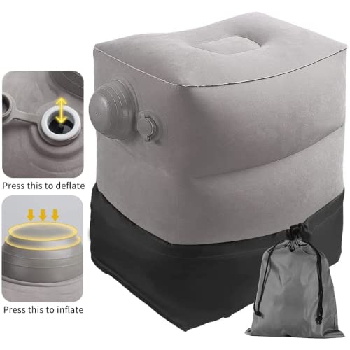 Image of Inflatable Foot Rest Pillow with Innovative Pump Nozzle - Portable Travel Leg Support for Kids & Adults, Airplane Bed for Toddlers, Office, Car, Camping - No Mouth Blow (Grey)