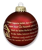 Originelles Geschenk: Die Weihnachtsgeschichte rudum goldfarben bedruckt auf bordeaux-farbener Christbaumkugel