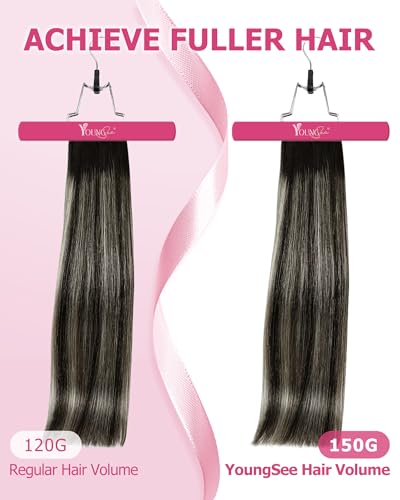 Image of YoungSee 150G Clip in Hair Extensions Balayage Black Mix Silver Hair Extensions Clip ins Black Ombre Clip in Human Hair Extensions Long Straight Hair 24Inch 7Pcs