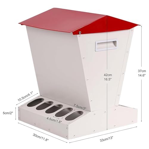 Comedero automático para pollos, diseño de metal resistente a la intemperie, capacidad de 25 libras, tapa a prueba de derrames, adecuado para aves de corral, incluyendo pollos, patos, gansos, pavos y