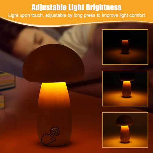 Mushroom Lamp Wooden, Portable Dimmable Bedside Lamp with USB Charging, Wireless Night Light - Image 3