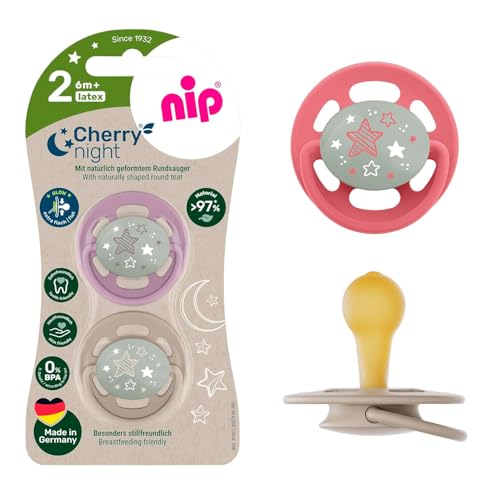 NIP Cherry Latex Schnuller Rund Leuchtend 4 Stück Set (2x2) Gr.2 (6 M +, Night leuchtend) Stillfreundlich, Größe 2, ab 6 Monate