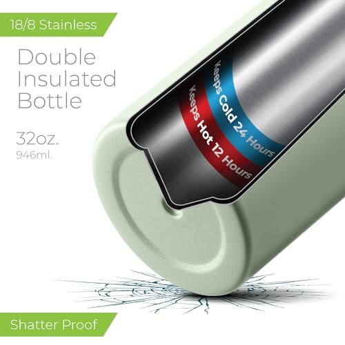 Image of SipX 32 oz Stainless Steel Insulated Water Bottle with Leakproof Lid & Carry Hook - Triple Insulated - Cold 24 Hours /Hot 12 Hours - Perfect for Gym, Work, Sports, Travel - Green