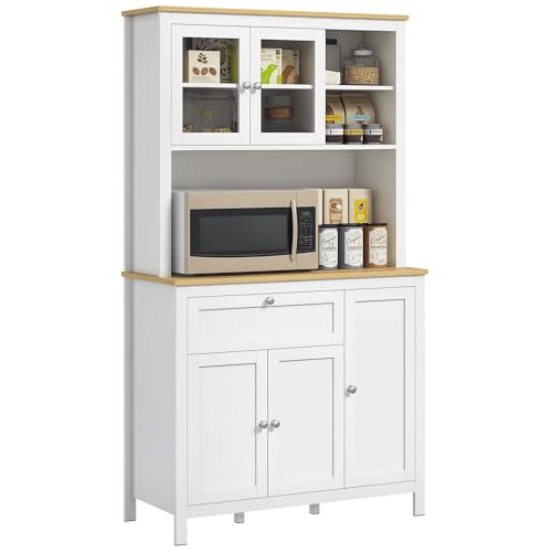 HOMCOM Armoire de cuisine, buffet cuisine avec plan de travail, vaisselier large avec 3 placards, tiroir, niches, passe-câble, étagères réglables et portes...
