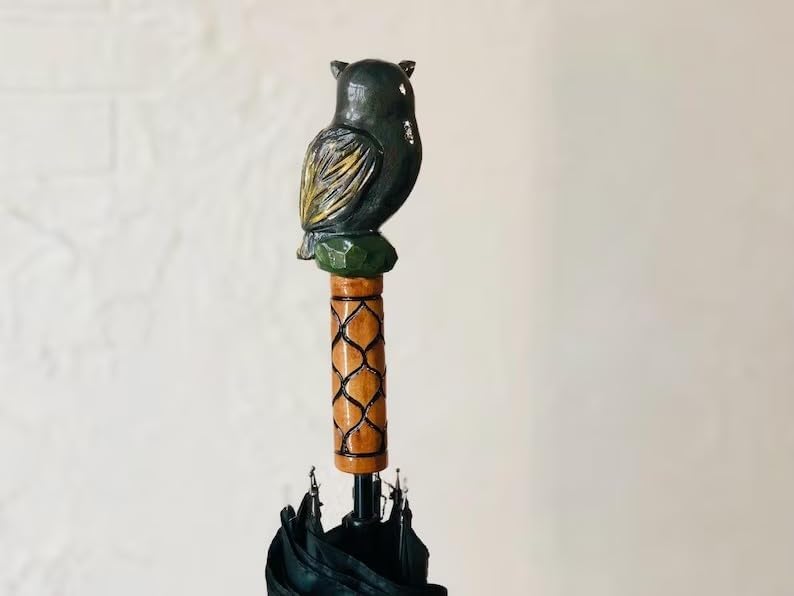 Hand Carved Owl Umbrella: Custom Walking Stick for Men or Woman