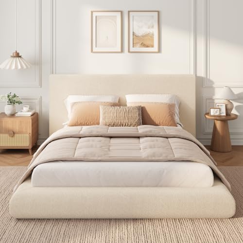 Garvee King Size Bed Frame with Upholstered Headboard Modern Cloud Platform Bed King No Box Spring Needed Easy Assembly Soft Plush Fabric White