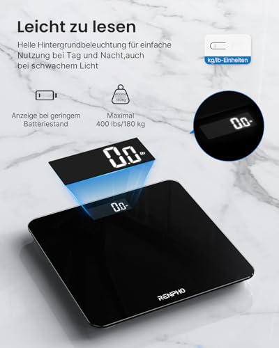 RENPHO Personenwaage, Körperwaage mit Hochpräzisions-Sensoren, Personen Digitalwaage mit Step-On-Technik, Gewichtswaage aus Sicherheitsglas, Schwarz