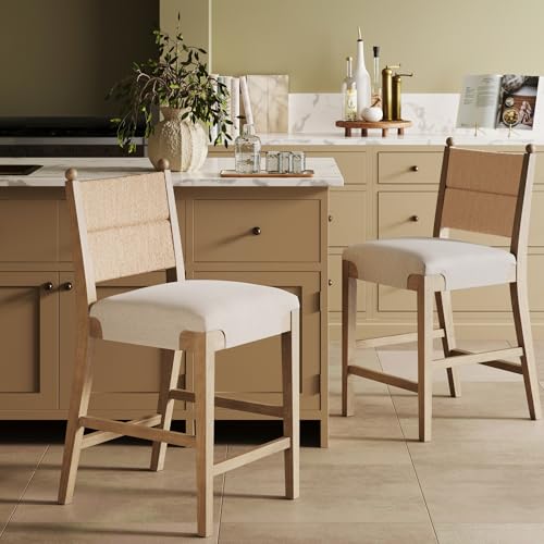 Image of Nathan James Cove Seagrass Counter Stool Wood Upholstered Bar Stool with Natural Flax Cushion and Seagrass Backrest, Light Brown, Set of 2