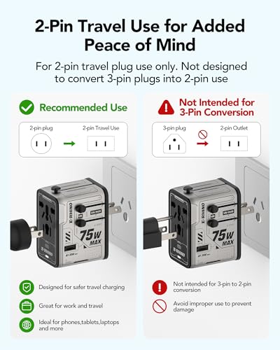 Image of MFish 75W Universal Travel Adapter, 5-Port International Power Adapter with Retractable USB-C Cable, 3 USB-C & 1 USB-A + AC Outlet, Worldwide Wall Charger for MacBook, iPhone, iPad, EU /UK /US /AUS, Grey