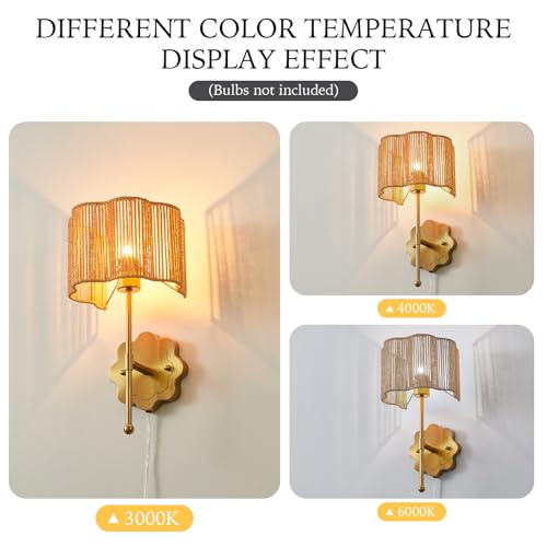 Image of Boho Rattan Wall Sconces, Plug in Cord Hand Woven Wicker Wall Light Brushed Brass Finish Flower Shade Set of 2 for Bedside,Living Room, Hallway, Fireplace