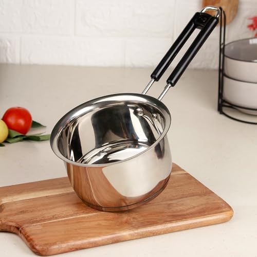 Image of The Earth Store Stainless Steel Sauce Pan 1200 ML | Heavy Gauge Sandwich Bottom Saucepan with Bakelite Handle | Induction & Gas Compatible Tea Pan | Milk Pan