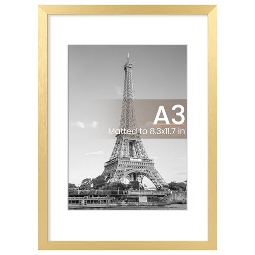 Image of upsimples A3 Picture Frame, Display Pictures 8.3x11.7 with Mat or 11.7 x 16.5 Without, Wall Hanging Poster Frames, Gold, 1 Pack