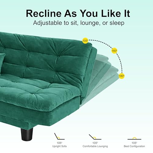 Image of Modern 3 Seater Sofa Cum Bed with Cushions, Foldable Convertible Couch, Velvet Fabric Sleeper Sofa for Living Room, Guest Room, Green