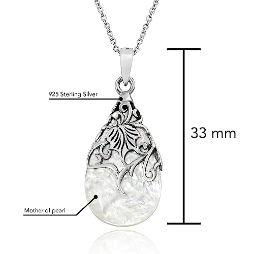 AeraVida Vintage Floral Vine Adorned Teardrop Mother of Pearl Shell .925 Sterling Silver Pendant Statement Necklace | Classic Necklace Jewelry for Women | Jewelry Gift - Image 6
