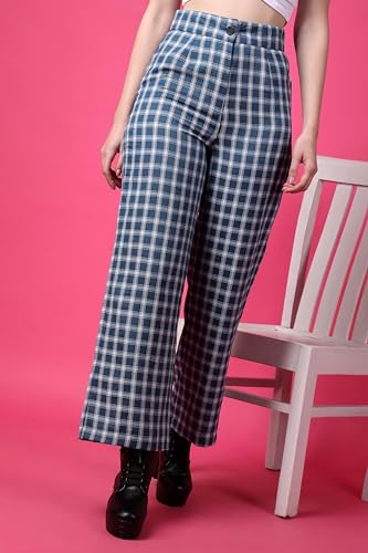 Image of POPWINGS Casual Check Print Button and Zip Closure Trouser for Women | Western Wide-Leg Trouser for Women | Summer Trousers for Women | Comfortable Semi-Formal Work Trouser for Women