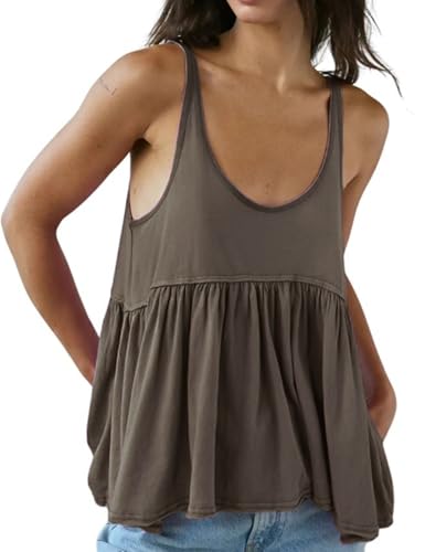InterNos Women's Summer Flowy Tank Tops Sleeveless Strap Ruffle Shirts Babydoll Tunic Tank Peplum Tops(0997-Grey-S)