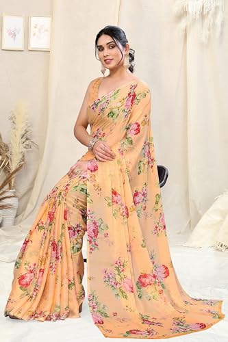 Image of MIRCHI FASHION Saree for Woman Chiffon Floral Printed | Breathable Lightweight Summer Sari for Office and Home Use with Blouse Piece (Available in 20 Colors)