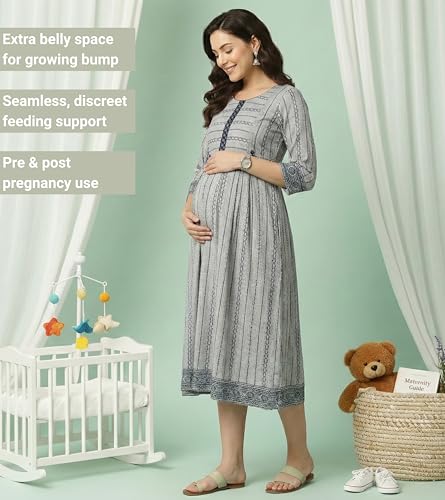 Image of DUMMY SHAPE Pregnancy Dresses for Women Cotton | Floral Anarkali Flare Kurta with Dual Nursing Zippers | Pregnancy & Breastfeeding | Feeding Kurtis | Baby Shower | Gifts for Pregnant Woman