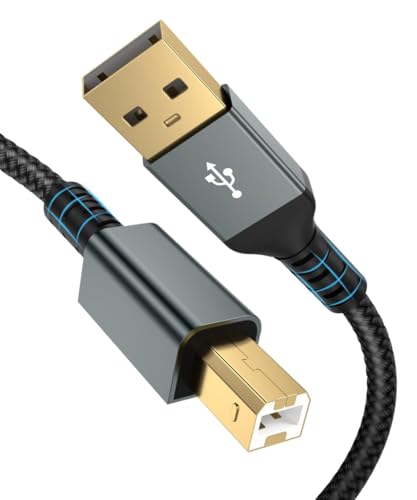 20FT USB Printer Cable & MIDI Cable Extra Long USB 2.0 Type A to B Cord Gold-Plated Nylon Braided Scanner Wire Compatible with HP Canon Epson Yamaha Digital Piano DAC Audio Interface - Grey