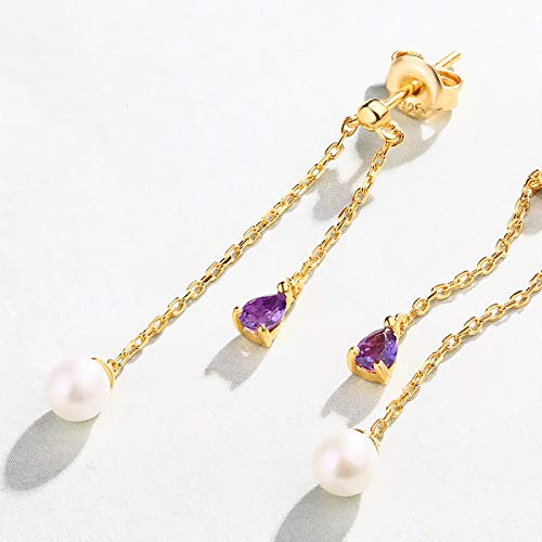 Boucles d'oreilles améthyste longue et perles d'eau douce argent 925 - 2