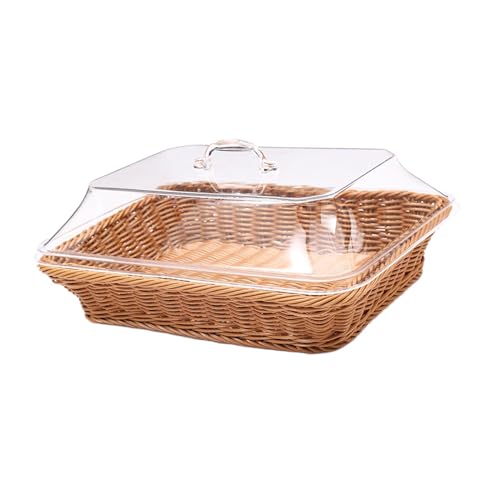 Folpus Cesta tejida para pan con tapa, bandeja para servir alimentos, a prueba de polvo, cesta de frutas tejida a mano para cafetería, picnic, hogar, pequeña