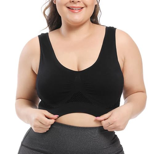 BSLVWG Plus Size Breiter Riemen Sport BHS Nahtloser Alltag BH Weicher Schlaf Unterwäsche Täglich Netted mit Abnehmbarer Polsterung (DE/NL/SE/PL, Alphanumerisch, XXL, Große Größen, Regular, Schwarz)