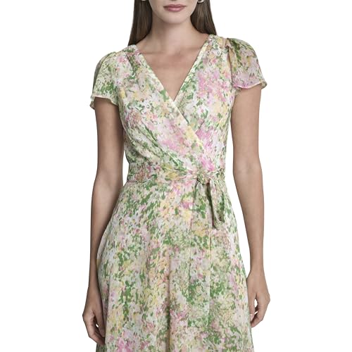 Image of DKNY Women's Flutter Sleeve Surplice Tie Fit & Flare Midi Dress