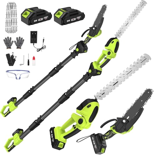 Tronçonneuse Électrique et Taille Haie sans Fil avec Perche 4 en 1, Élagueuse sur Perche avec 4 Chaînes 2 Batteries Taille Haies Telescopique, Angle...