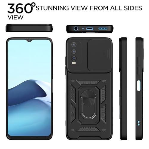 Image of Outlouders Back Cover for Vivo Y12s / Y20 / Y20i / Y20G | D10 Tough Armor 360 Protection Case with Sliding Camera Shield & Ring Holder Stand Bumper Case (Black)