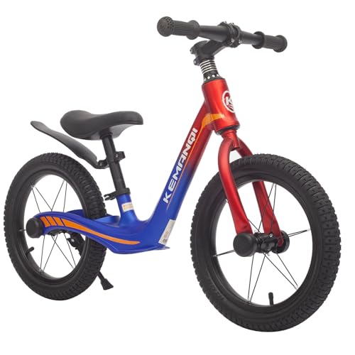 GASLIKE Bicicleta de paseo para niños de 3 a 7 años, con bujes intermitentes, cuadro de magnesio, asiento ajustable en altura, resistente sin pedales para niños y niñas (rojo-azul)