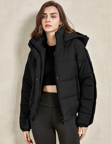 Gihuo Women's Cropped Puffer Jacket Hooded Zip Up Stand Collar Padded Coat Winter Quilted Jackets Outerwear2