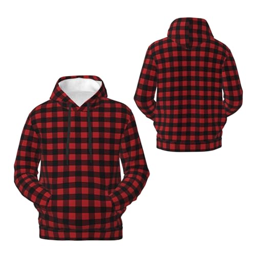 Men's Fleece Pullover Hoodies, Red Black Buffalo Check Plaid Pattern Printed Casual Drawstring Hooded Sweatshirts Hoodies3
