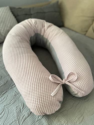 LOOLAY Schwangerschaftskissen - Stillkissen 170 cm - Seitenschläferkissen 100% Baumwolle - mit Abnehmbarem Bezug - Ergonomisches Schwanger Kissen für Schlafen (Waffel Altrosa/Glatt Grau)