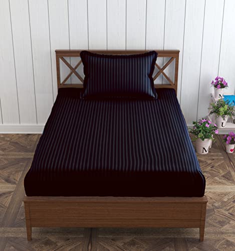 Image of Trance Home Linen 100% Cotton 72x36 inch Single Fitted 200TC Satin Stripe Elastic Fitted Bedsheet | Single Bed Size Daily use Fitted Bedspread with 1 Pillow Covers (72 inchx36 inch | 6x3 feet,Black)
