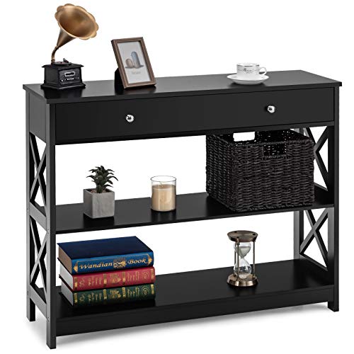LIFEZEAL Table Console à 3 Niveaux, Table d'Entrée en Bois Fine avec 1 Grand Tiroir, Meuble de Console pour Salon, Couloir, Montage Facile, Poids Max 95 kg,...