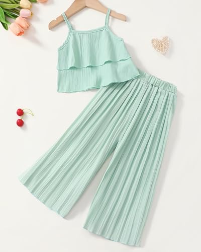 Image of Baby Girl Clothes Toddler Summer Sleeveless Ruffle Girls Outfits Pleated Wide Leg Pants Solid Color Kids Clothing Set